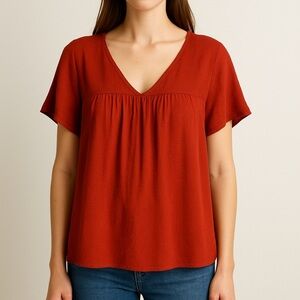 Madewell Boxy Crop Flowy V-Neck Rust Short Sleeve Blouse